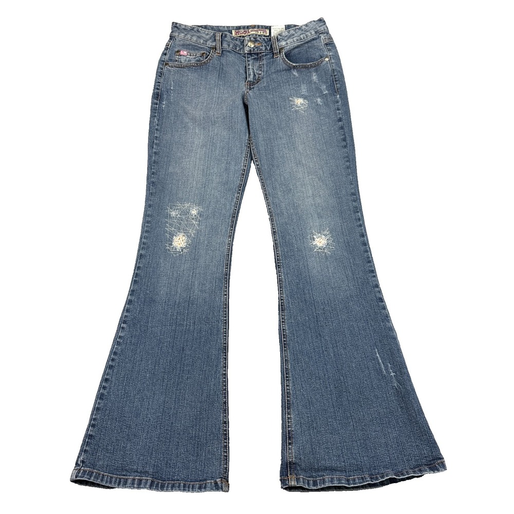 Mudd Womens Size 7 Flare Jeans Y2K Low Rise Distressed Embroidered Bootcut Denim